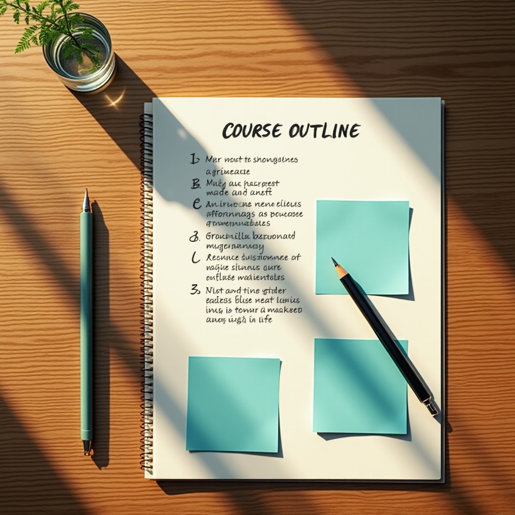 Overhead view of a structured course outline spread across a desk with color-coded sections and sticky notes