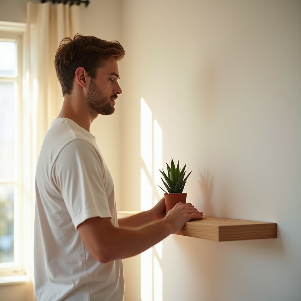 Person placing a single plant on a clean empty shelf in a newly organized minimal room, hopeful atmosphere