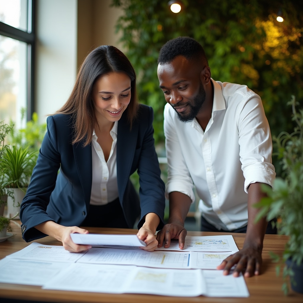 Two young professionals in a modern office reviewing documents together, collaborative atmosphere, natural light
