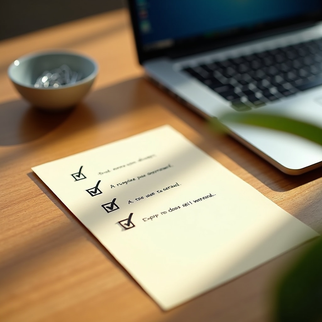 Clean desk with a numbered list on paper beside a laptop showing a course interface, warm morning light