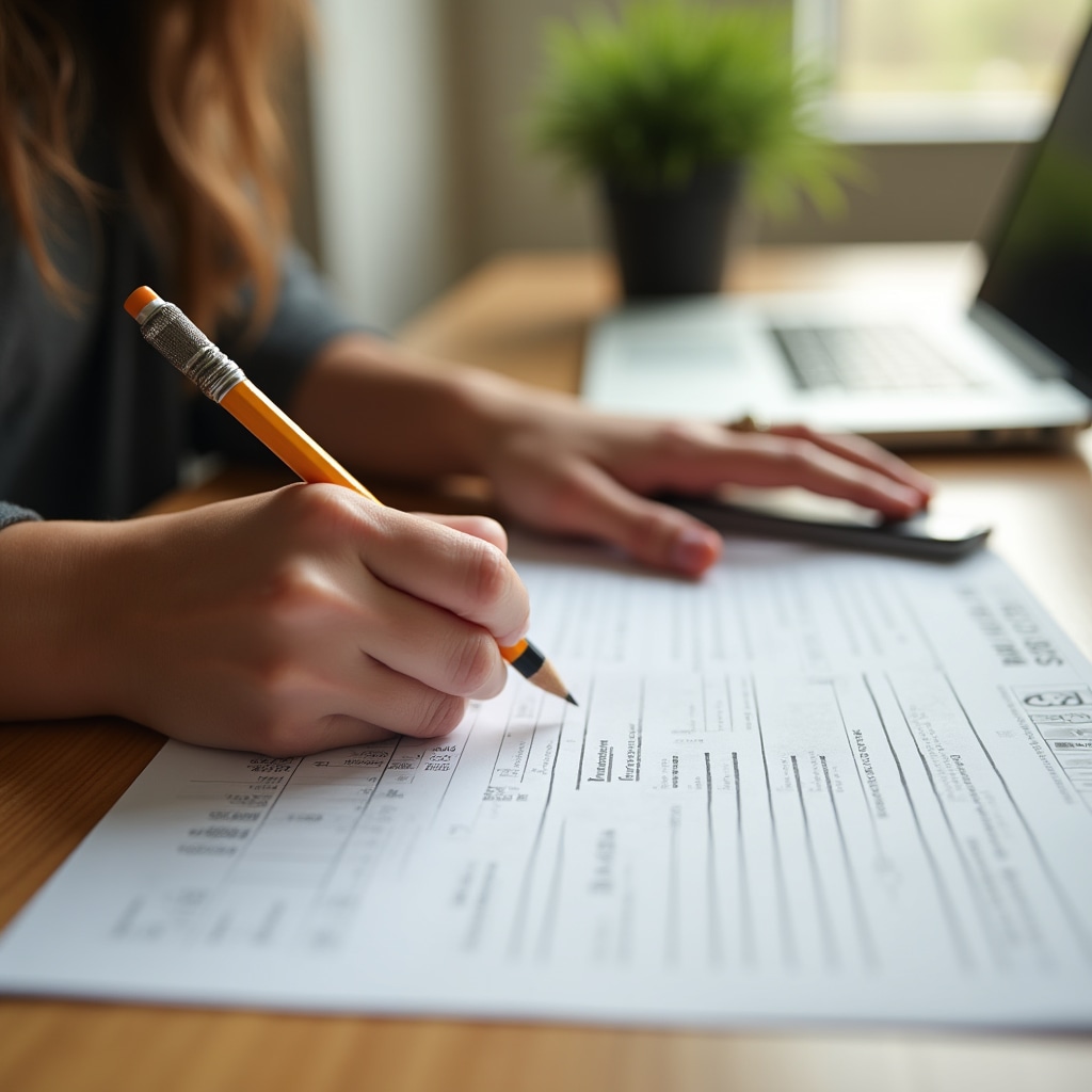 Close-up of hands filling in a financial worksheet with a pencil, focused and calm, natural light