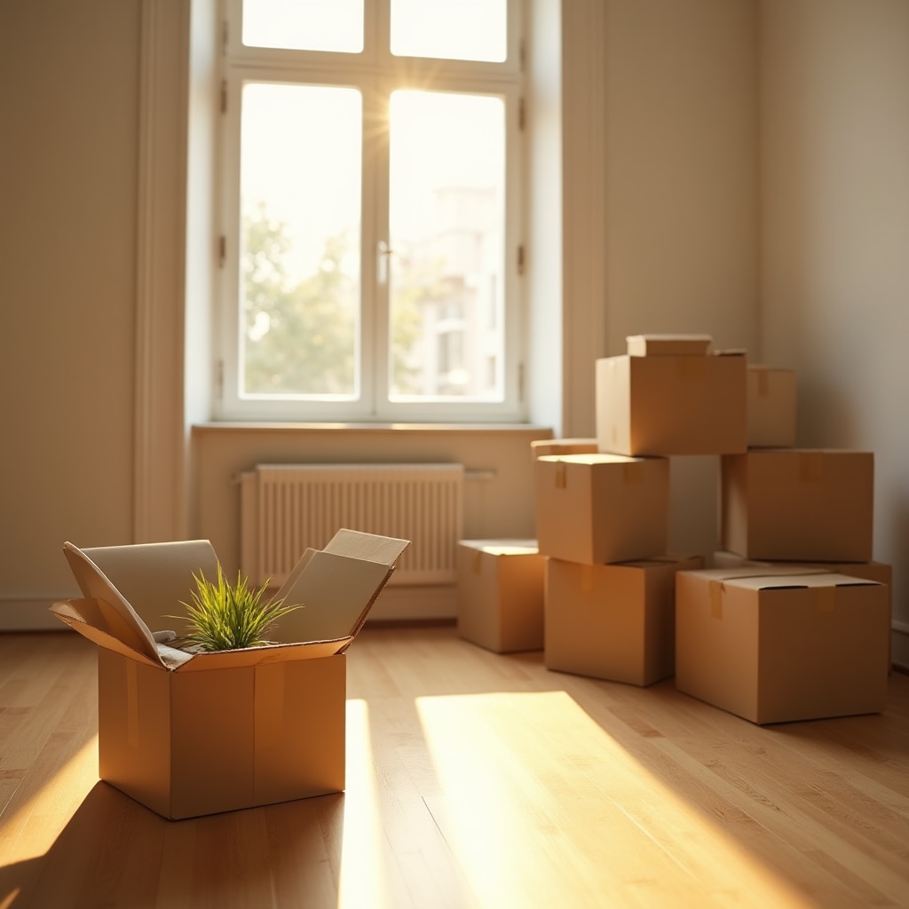 Cardboard boxes stacked in an empty bright apartment on moving day, morning light through windows