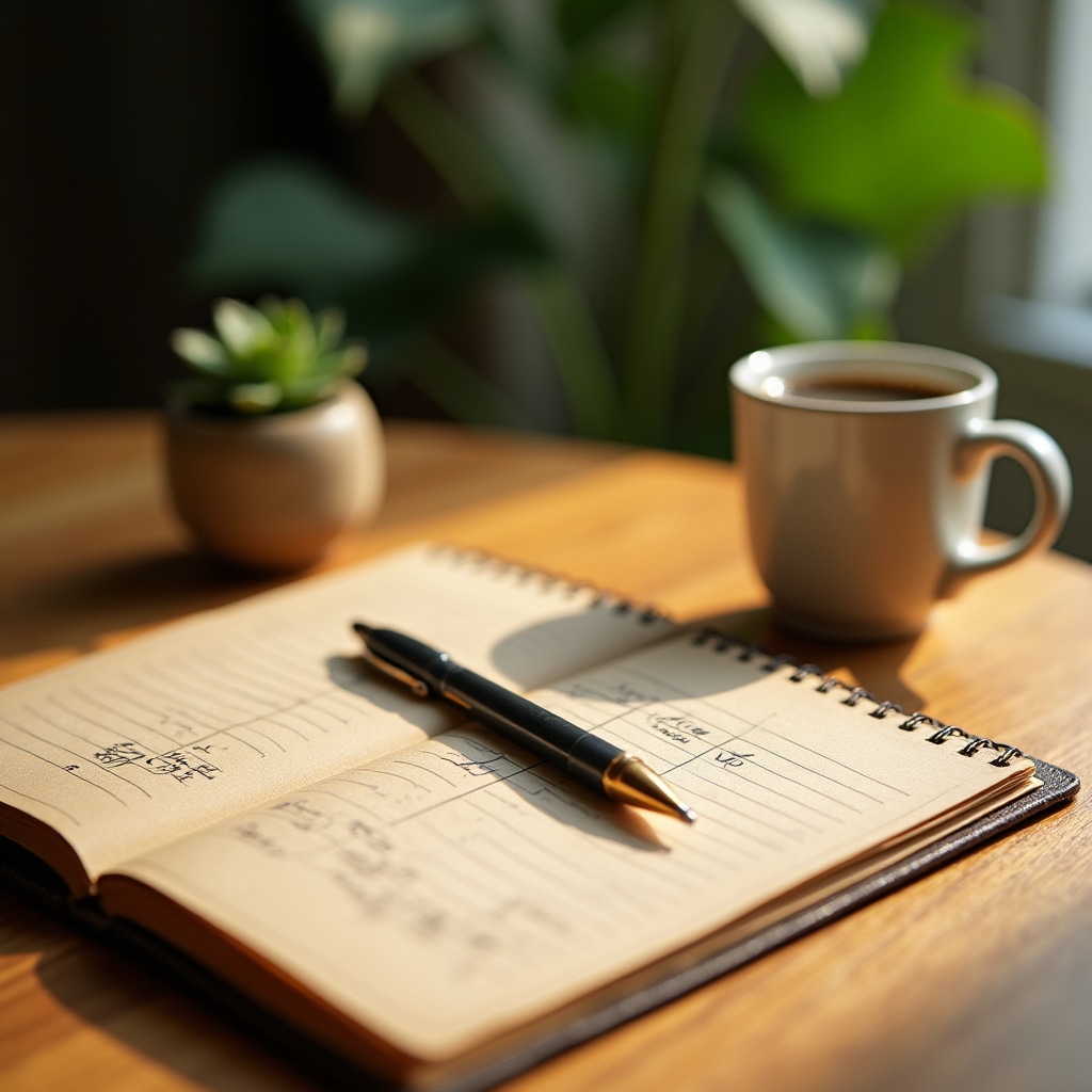 Open notebook with handwritten budget plan on a wooden desk beside a cup of coffee