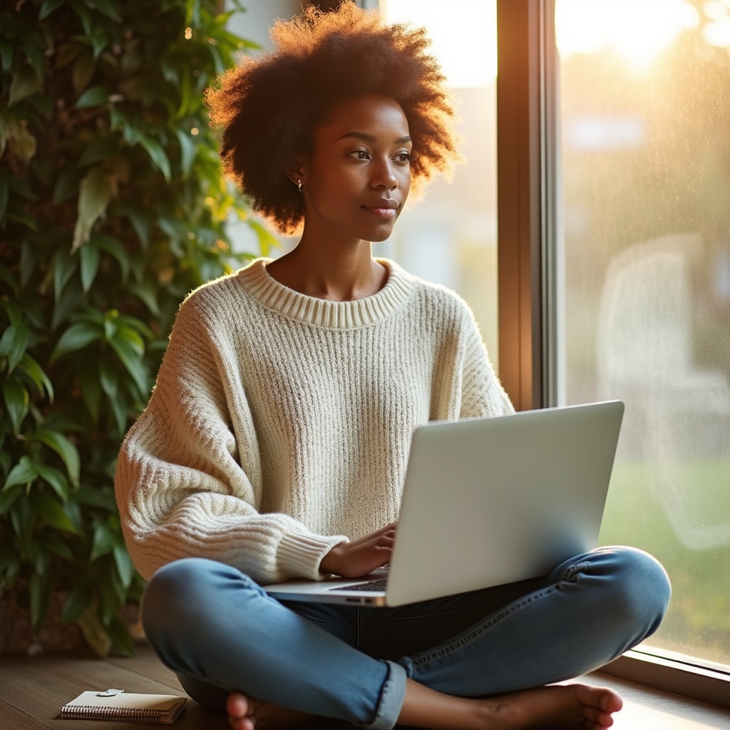 Young woman sitting at a bright window with a laptop and planner, calm and focused expression, morning light