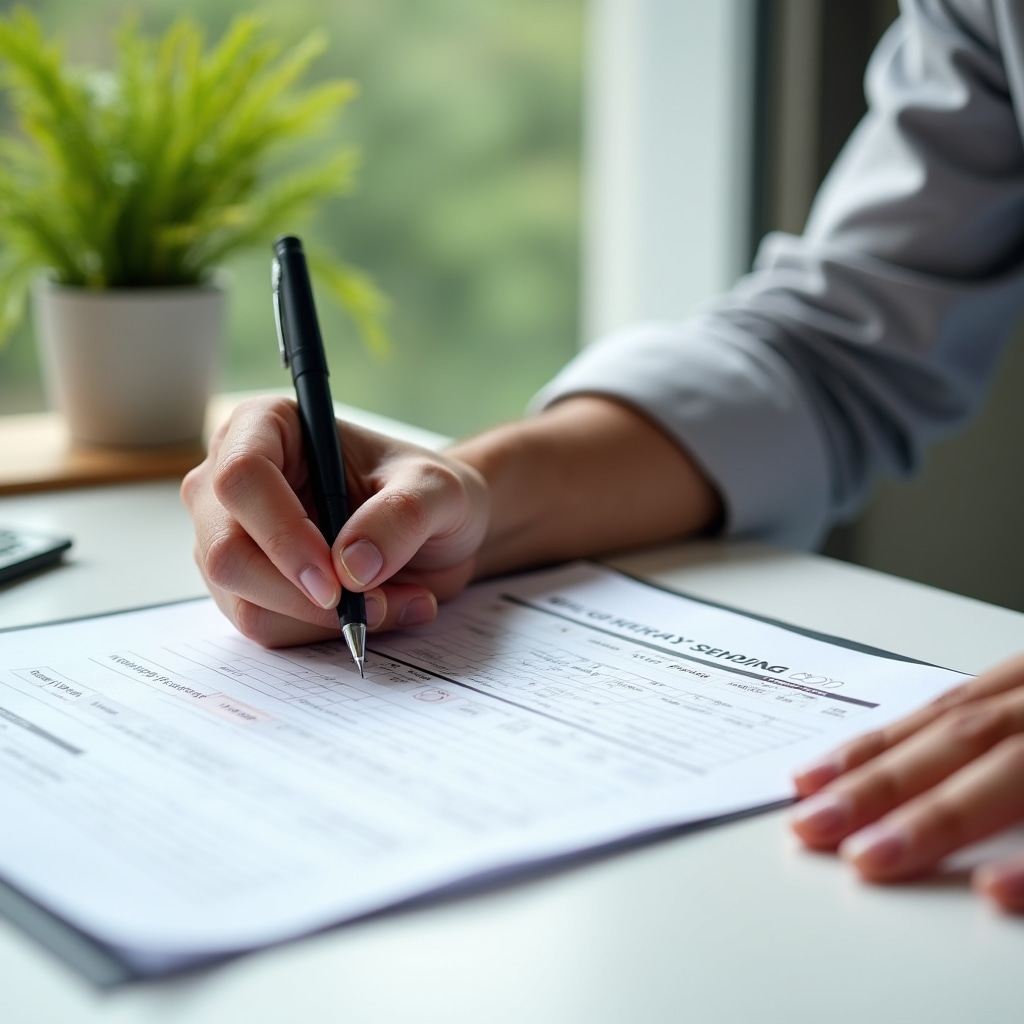Person filling out a financial audit worksheet with a pen on a clean white surface